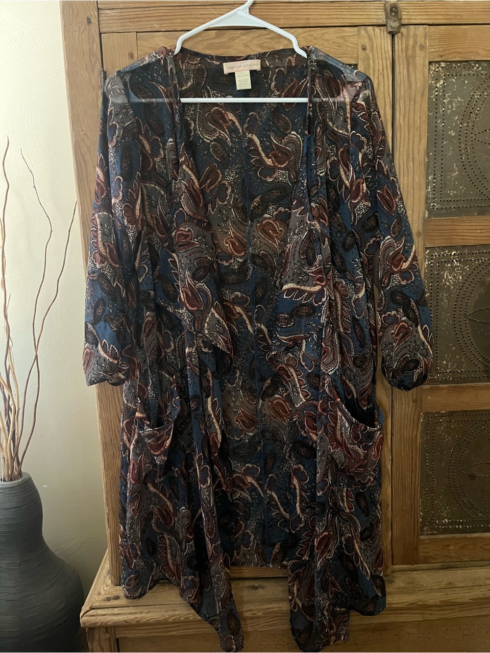 Band of Gypsies Navy and Rust Paisley Long-Sleeve Open Cardigan Dress